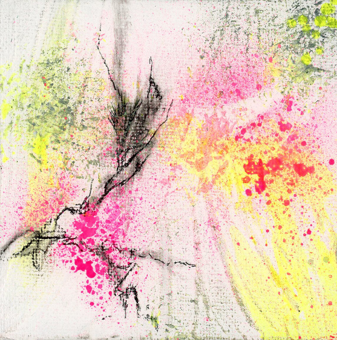 A close-up of a colorful abstract artwork with a blend of acrylics, coal, and spray paint on a canvas, with a certificate of authenticity mentioned.