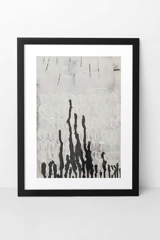 Framed abstract art print with black and white brush strokes on a white background