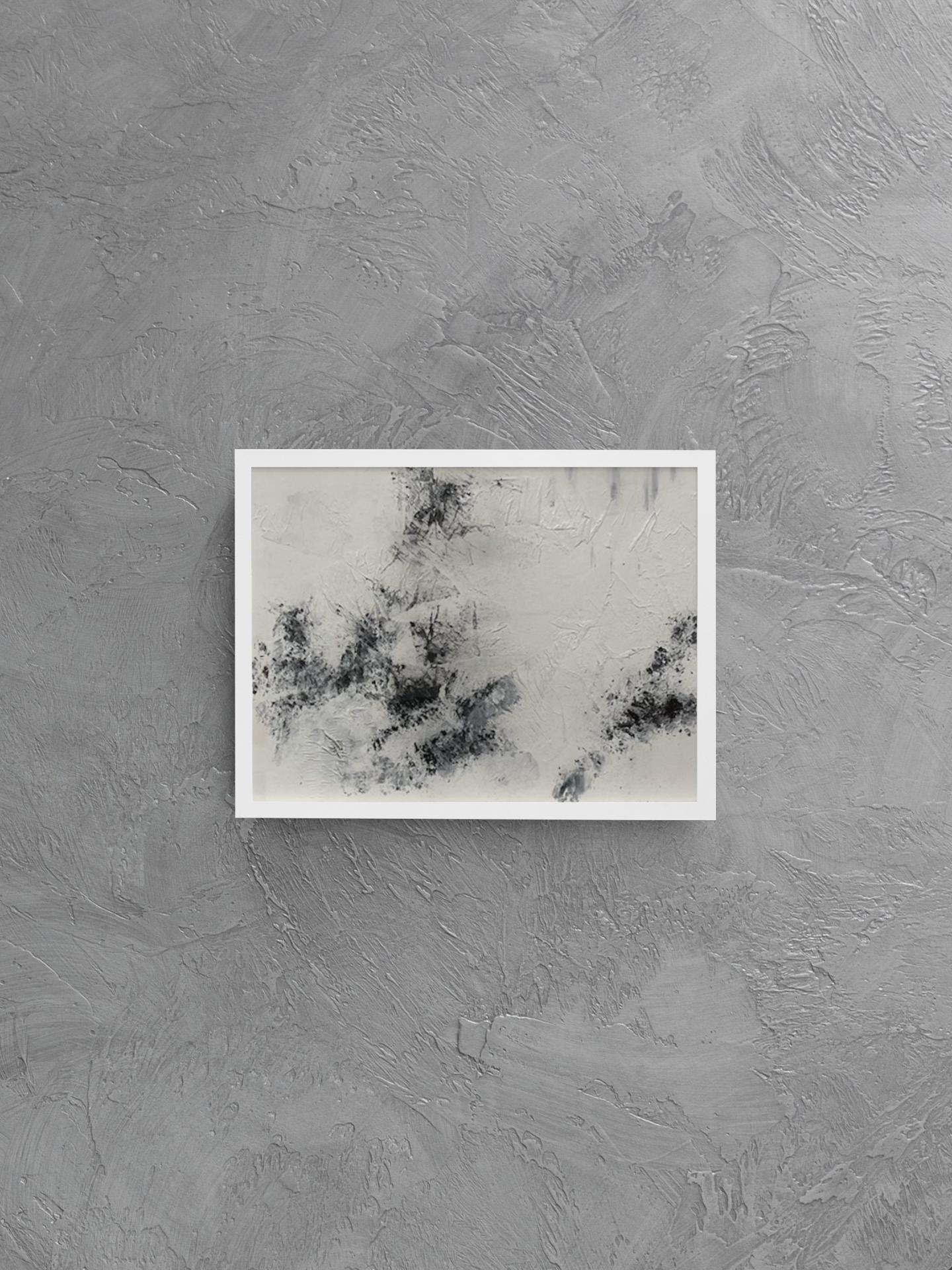 Framed abstract artwork on a textured gray wall. original abstract artwork with focus on stillness material presence and spatial depth