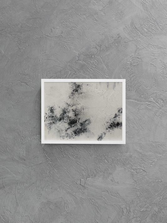 Framed abstract artwork on a textured gray wall. original abstract artwork with focus on stillness material presence and spatial depth